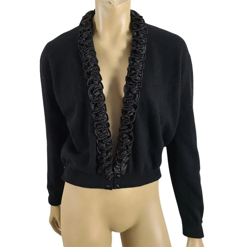 Dalton Cashmere Cardigan Vintage 50s Pinup Scroll Ruffle Trim Cinch Waist Black - Picture 1 of 16